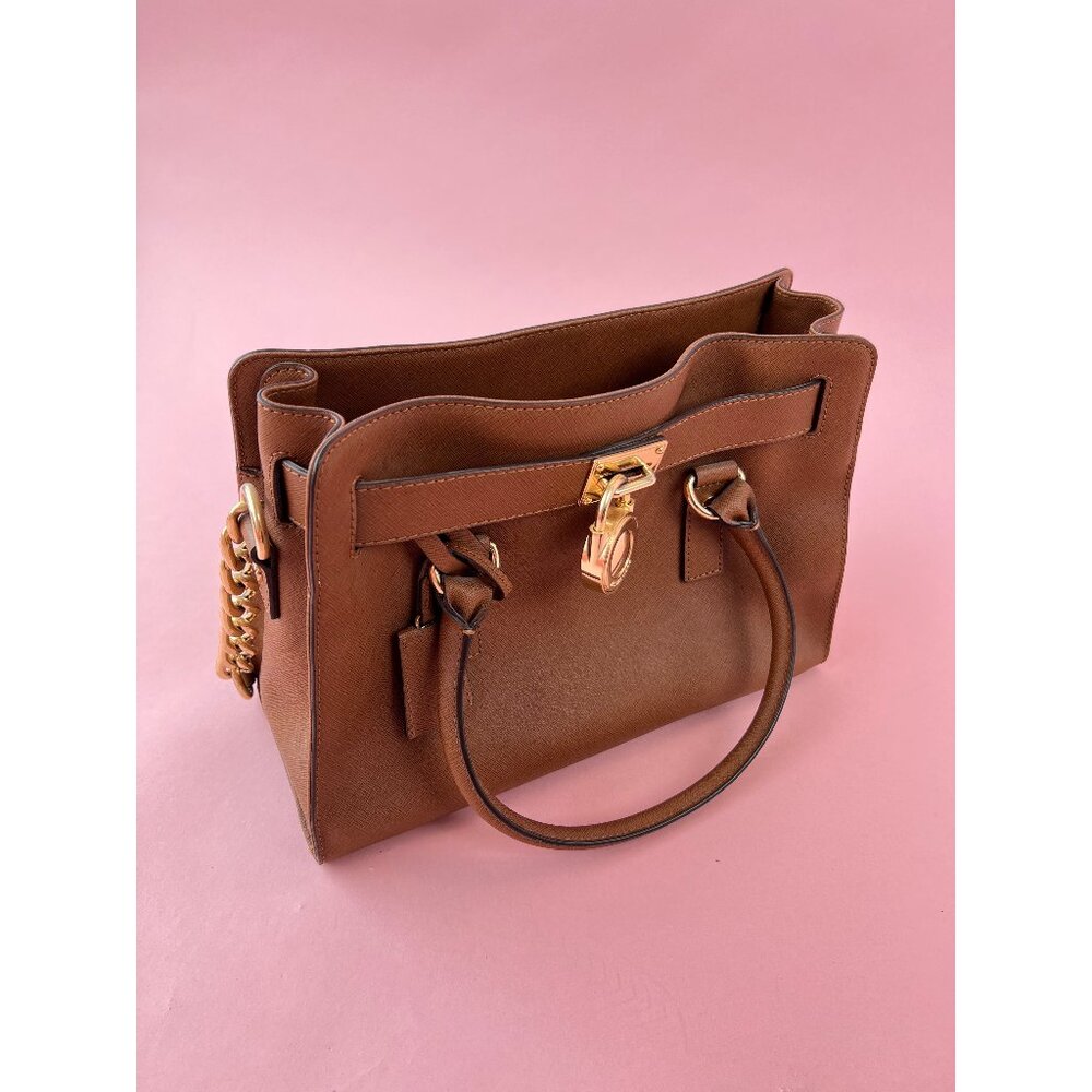 Michael Kors Tan Satchel with Gold Lock and Chain Detail